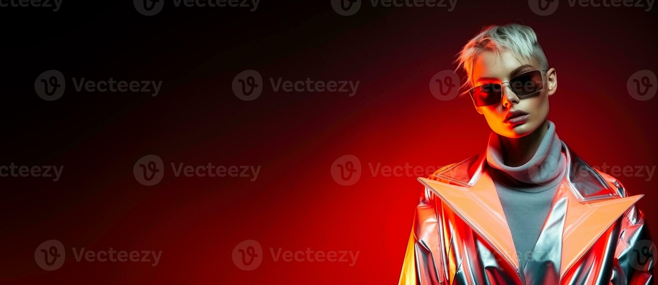 Androgynous model in reflective geometric attire isolated on a neon gradient background photo