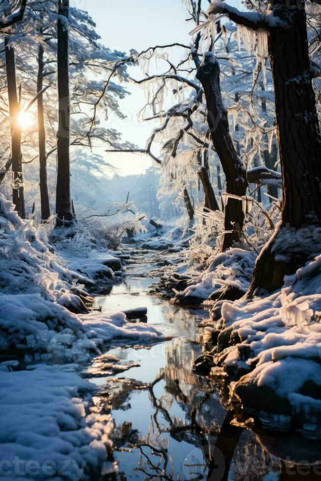 Broken tree branches under heavy ice load depicting winters severe impact on forests photo