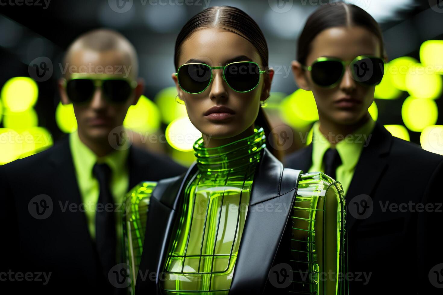 Futuristic models in sleek monochrome suits reflecting sci-fi chic on a