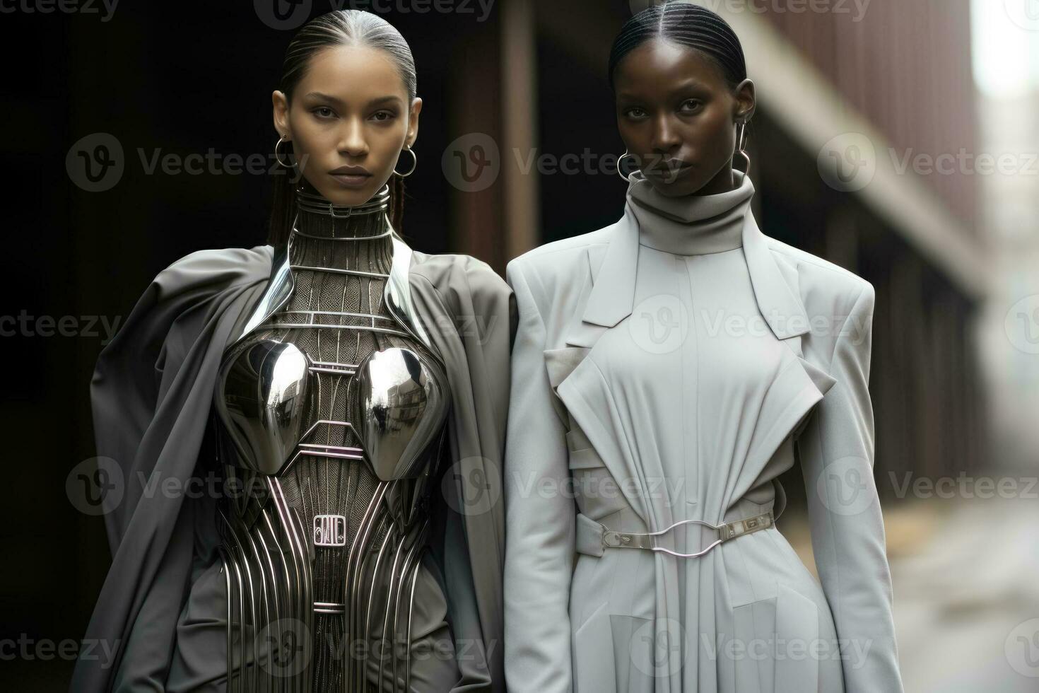 Androgynous futuristic models flaunting metallic minimalist fashion contrasted against monochrome urban backdrops photo