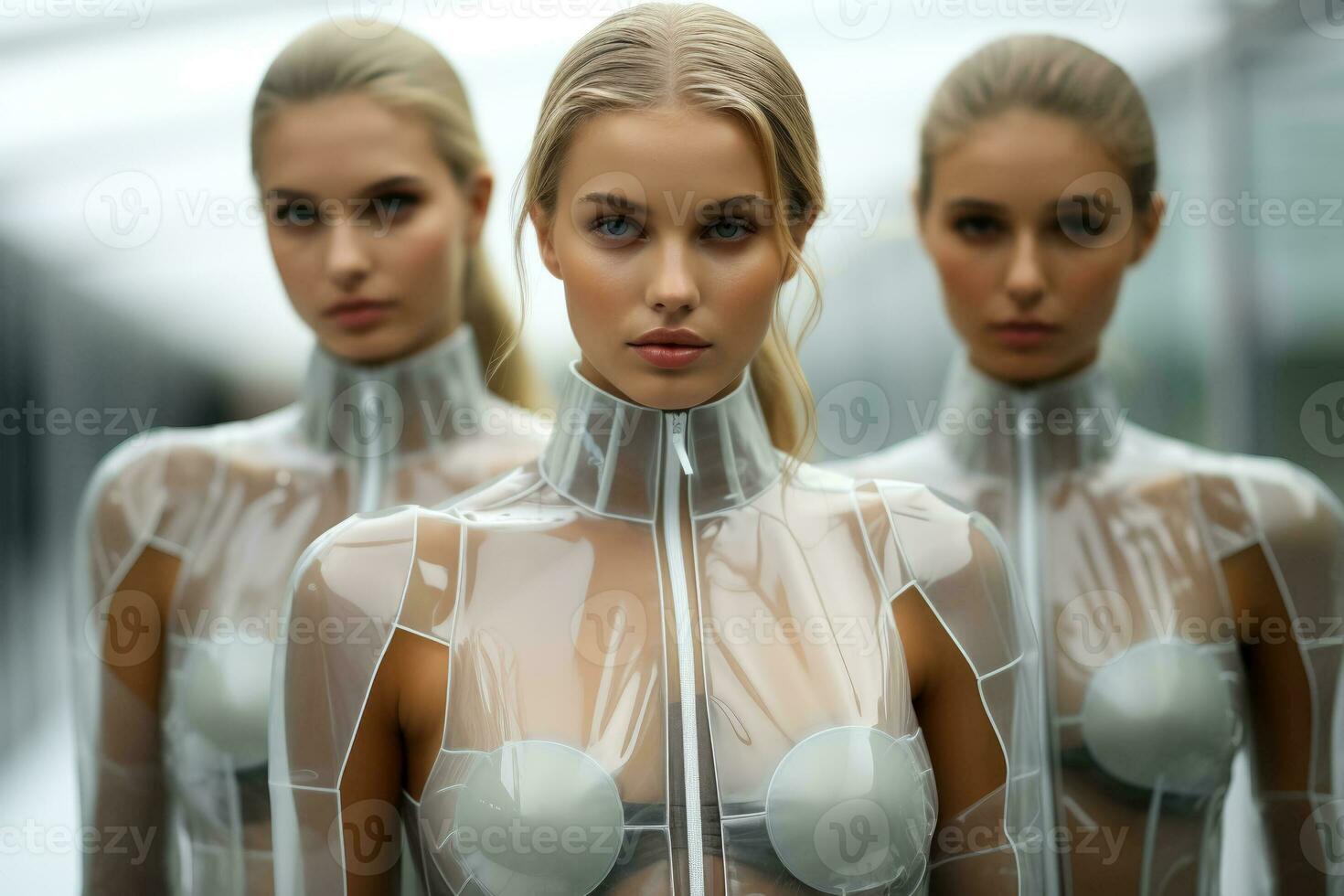 Sleek models in holographic ensembles mesmerize in a monochromatic minimalistic future-space layout photo