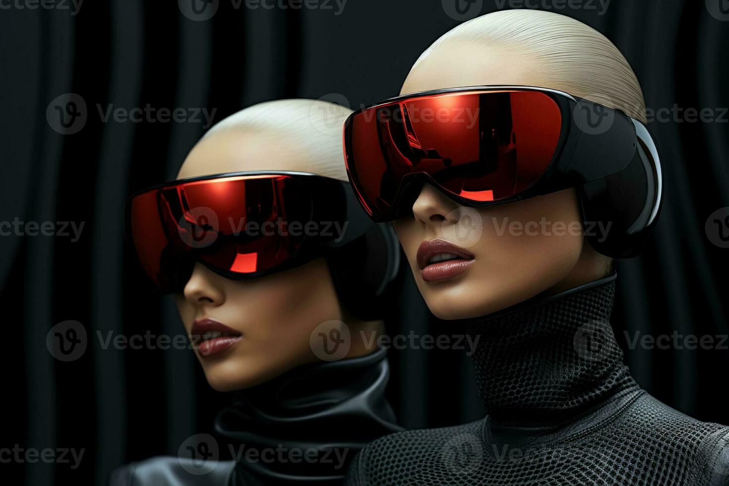 Glamorous androids in futuristic fashion accentuated with minimalist space-age accessories photo