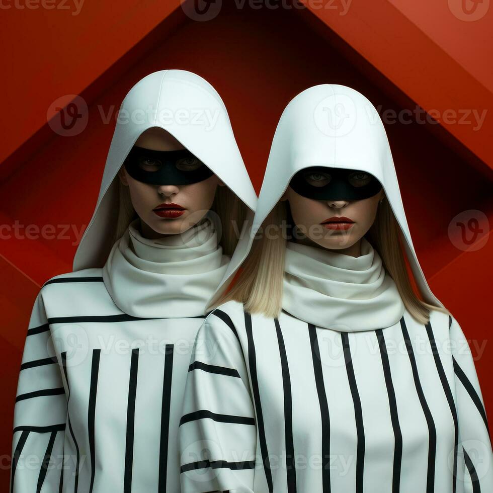 Models channeling space-time distortions in futuristic attire against a geometric minimalist backdrop photo