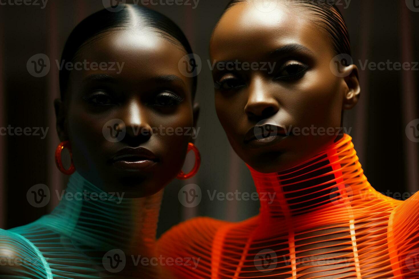 Models draped in neon mesh fabric strike bold poses in monochromatic geometric studios photo