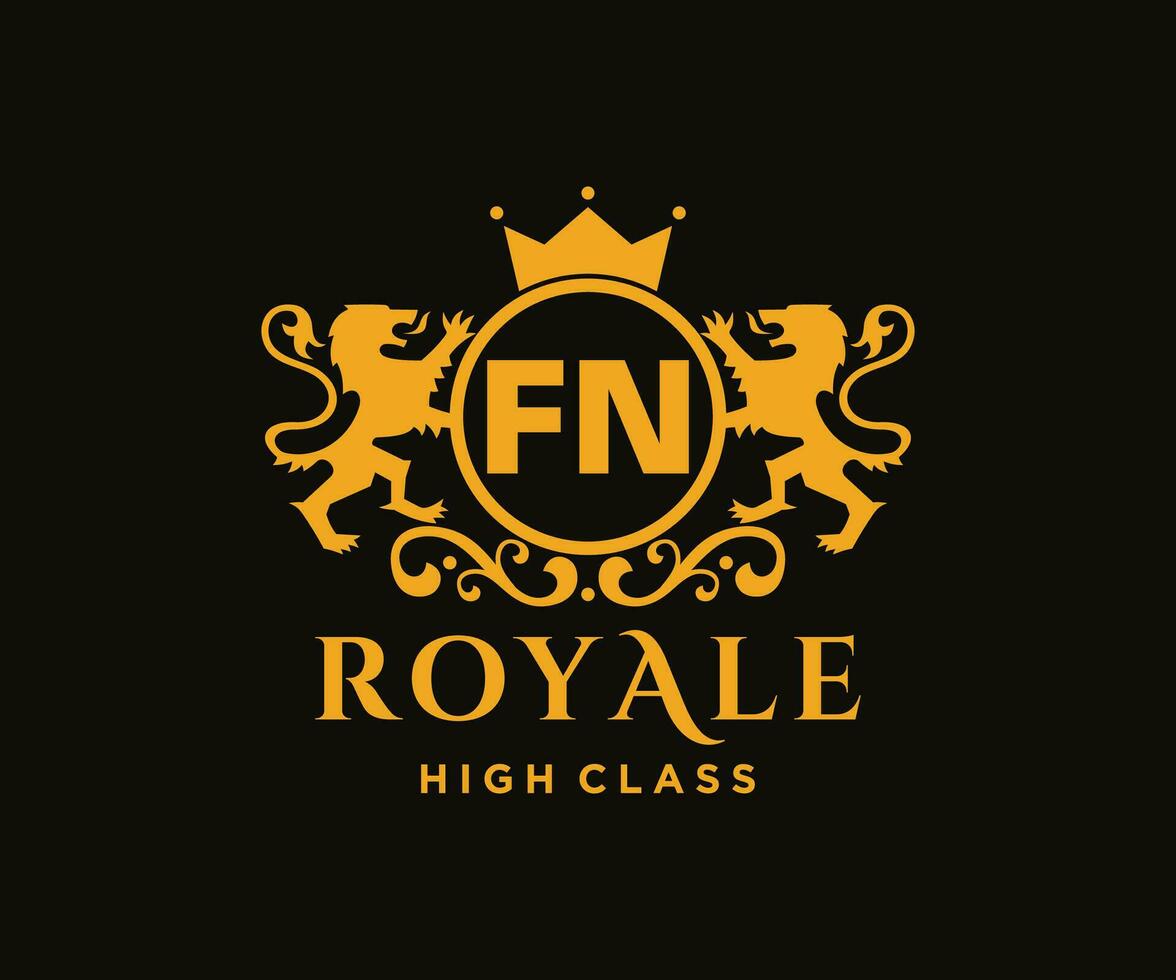 Golden Letter FN template logo Luxury gold letter with crown. Monogram alphabet . Beautiful royal initials letter. vector