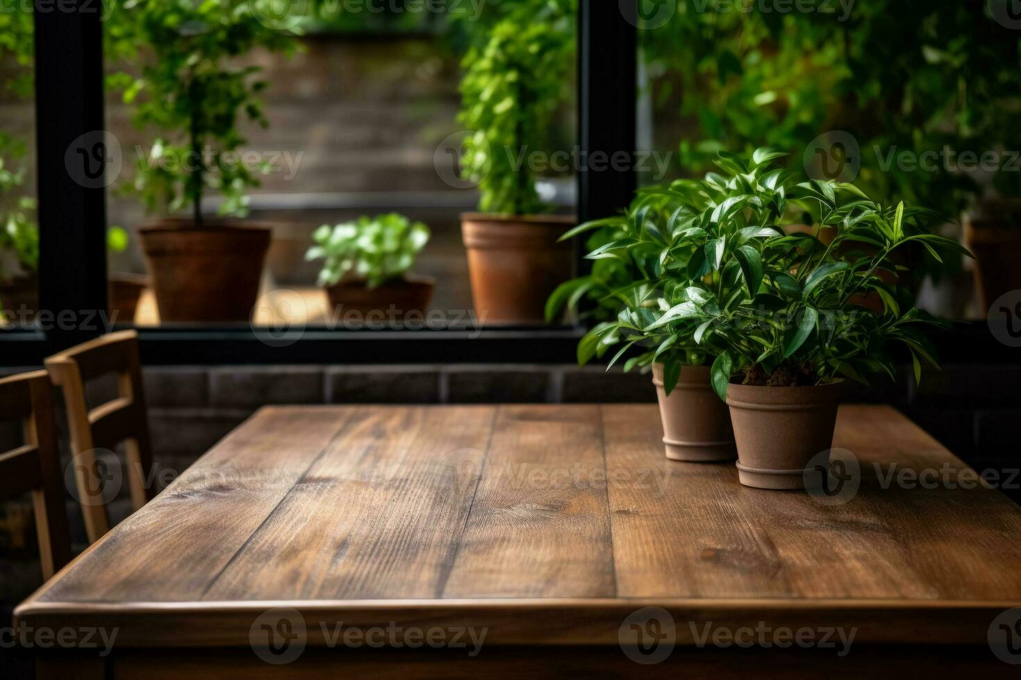 Cafe table with green leaves with a place for text photo