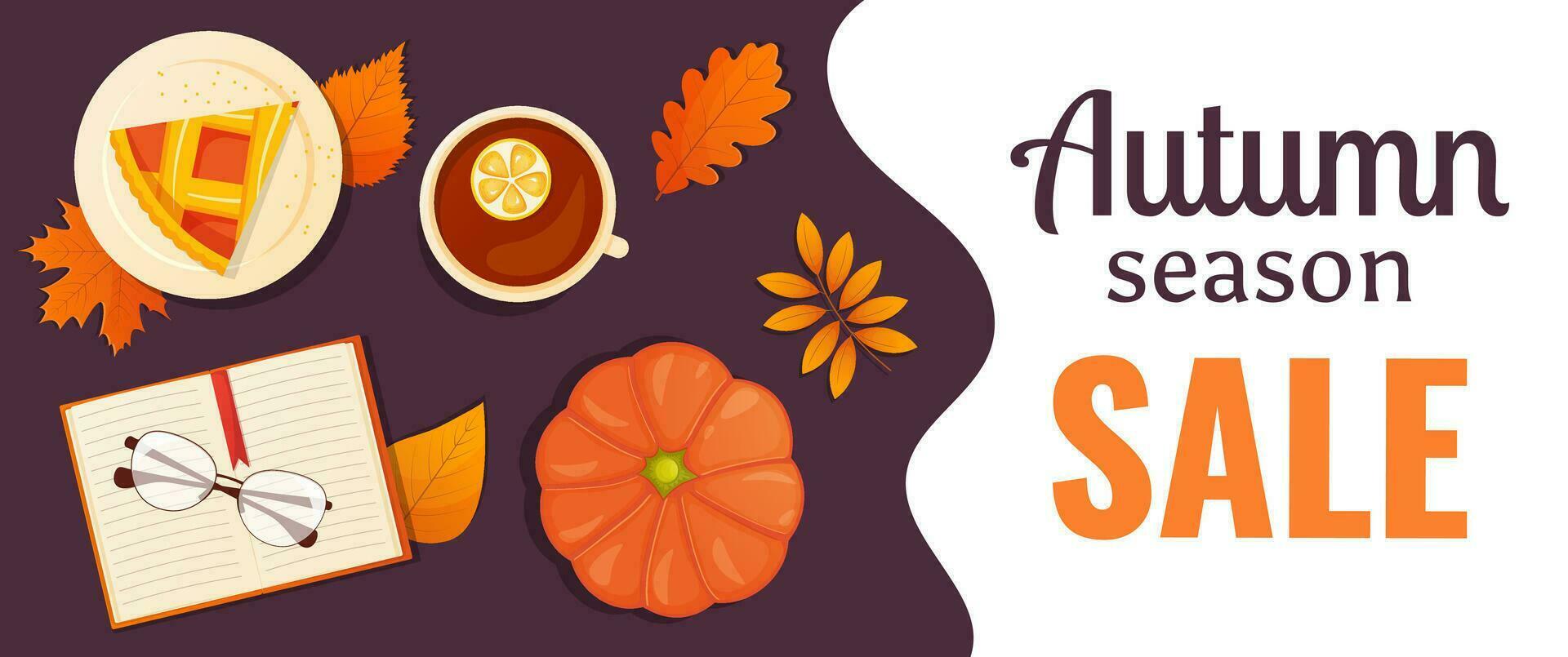 Autumn sale promo poster with leaves, pumpkin, tea, pie and book vector
