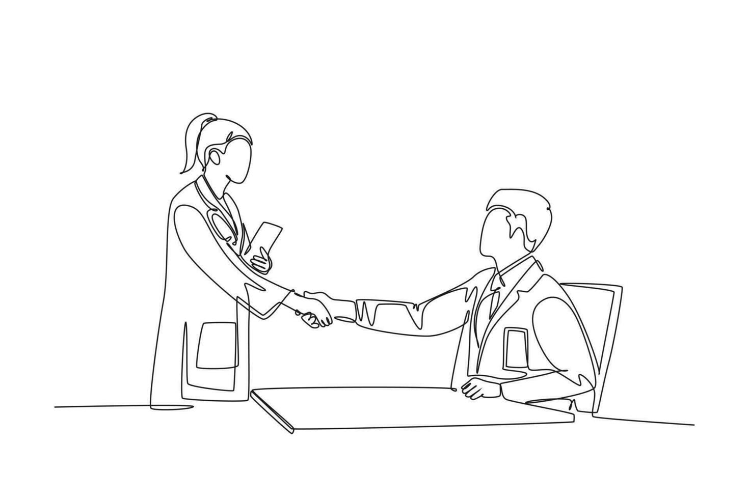 Single continuous line drawing young beautiful female doctor handshake with male doctor at hospital. Great medical healthcare teamwork concept. Dynamic one line draw graphic design vector illustration