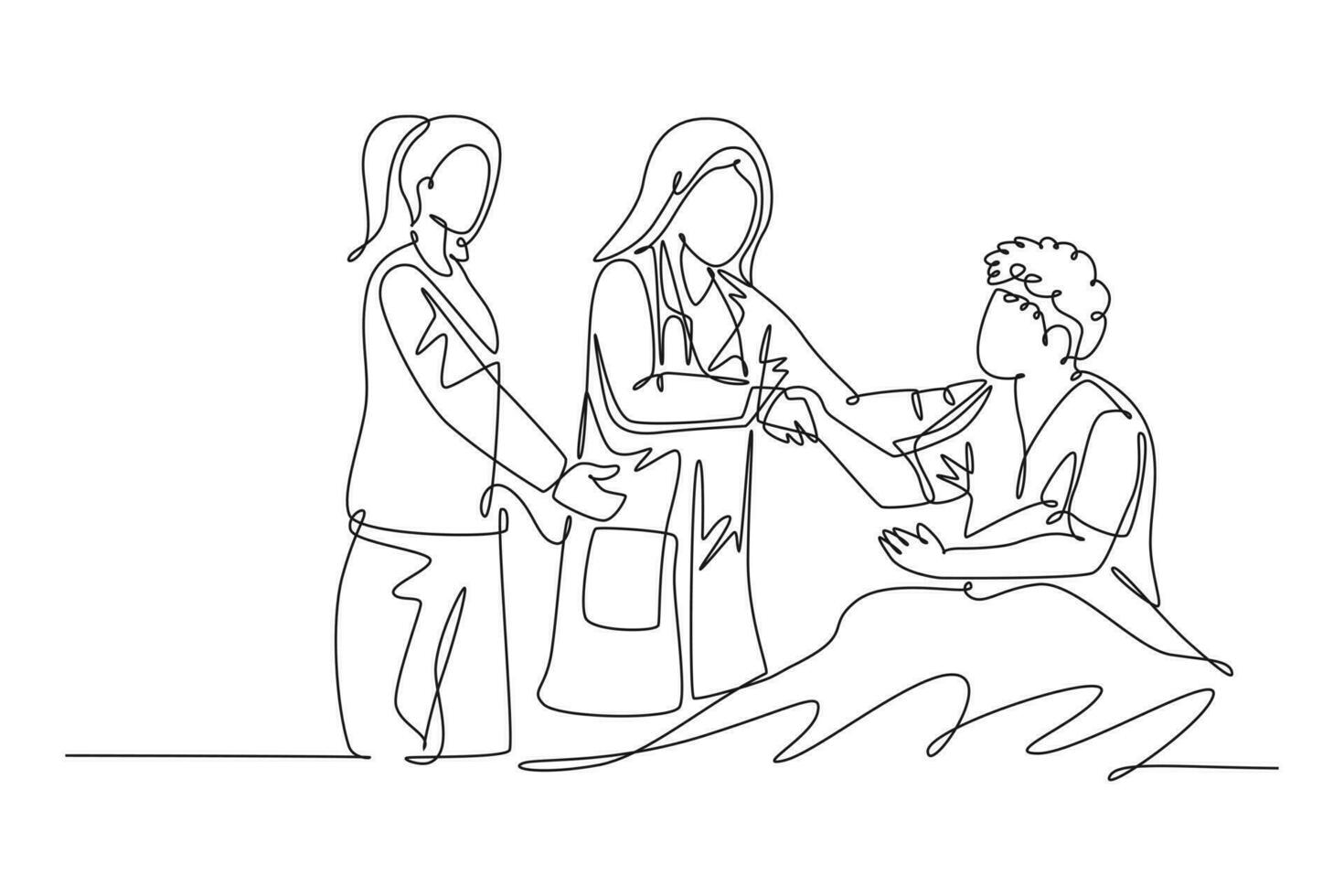 Continuous one line drawing pretty female doctor and nurse visit a patient who laying on bed in hospital and handshaking him to ask the condition. Single line draw design vector graphic illustration