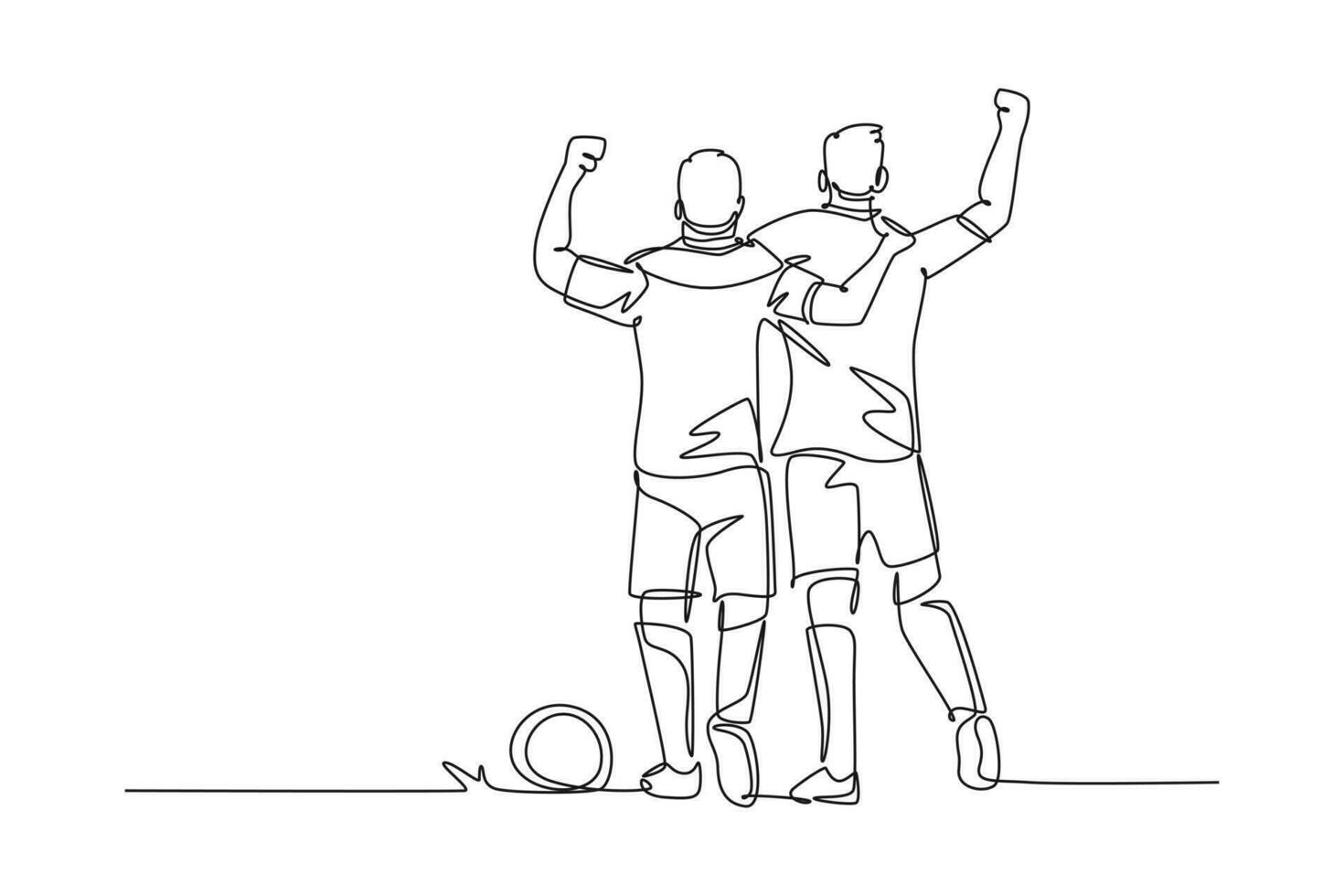 Single one line drawing active two football player hugging, walking together to celebrate, show sportsmanship. Respect in soccer sport. Modern continuous line draw design graphic vector illustration