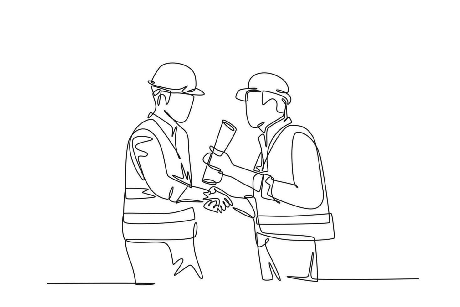 Single one line drawing architect holding on roll paper, builder foreman wearing construction vest and helmet handshake to deal project. Great teamwork. Continuous line draw design vector illustration