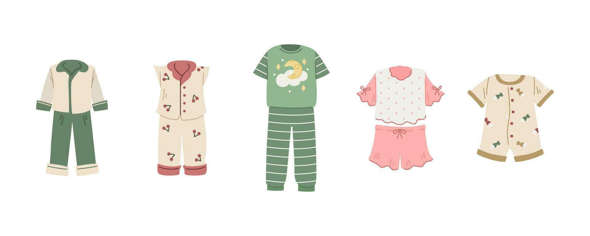 Set of different childrens pajamas on a white background. vector