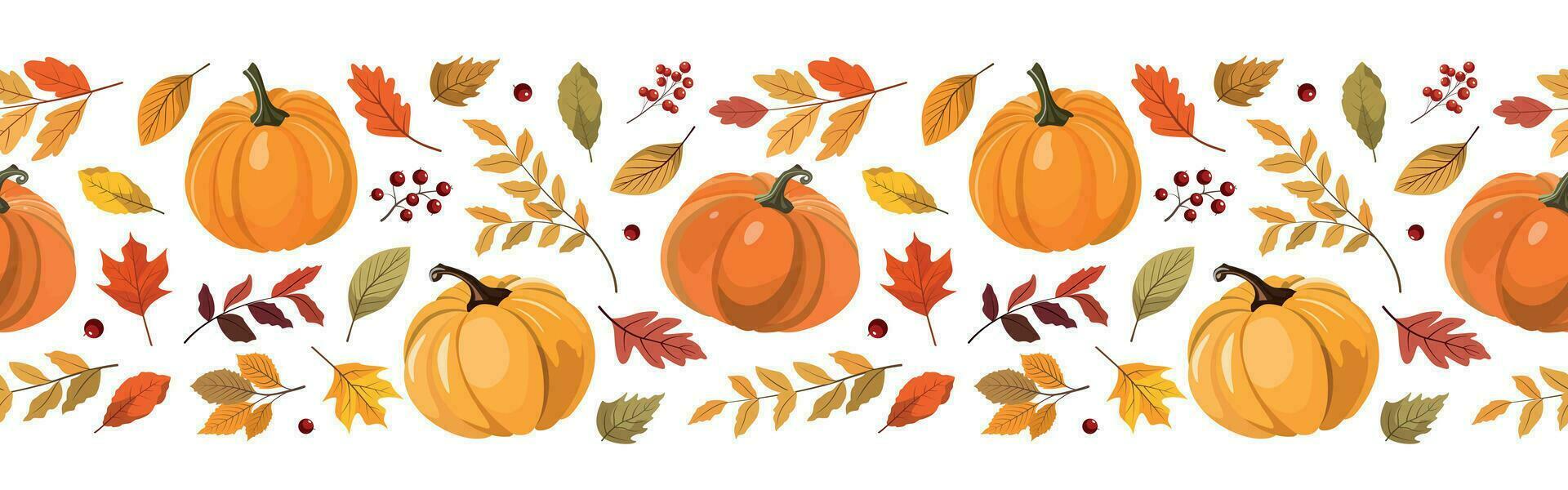 Colorful autumn pumpkins and forest leaves and berries horizontal seamless border. Vector illustration. Isolated on white background. Seasonal fall banner design for greeting or promotion.