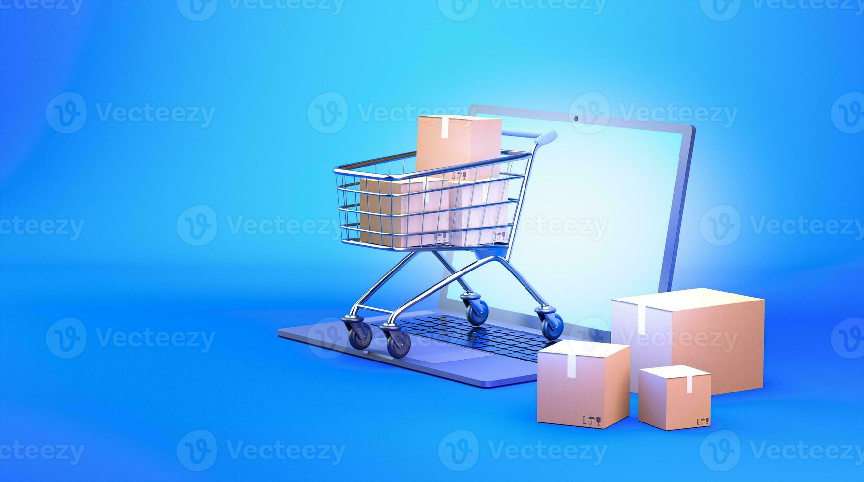 3D rendering cart shopping online on laptop photo