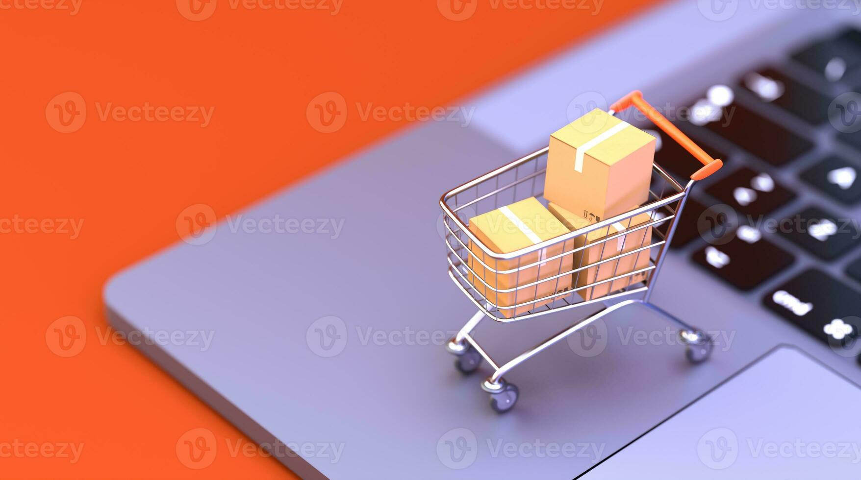 3D rendering shopping cart on laptop keyboard. photo