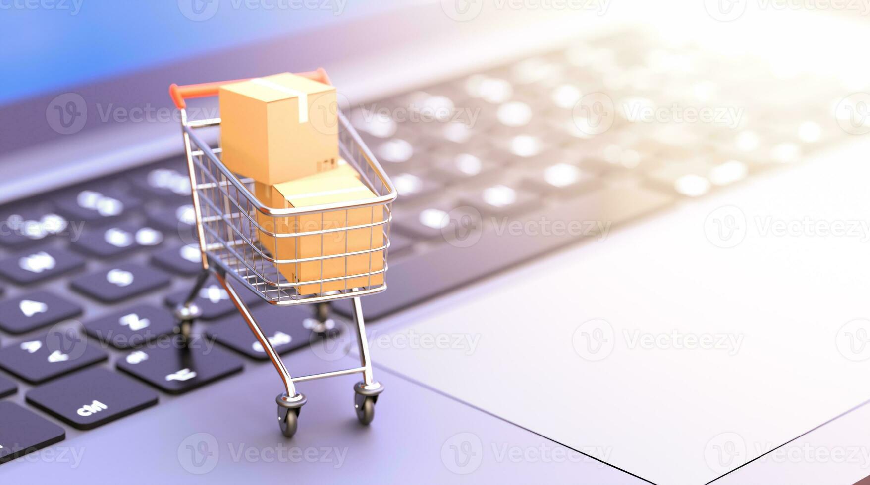 3D rendering shopping cart on laptop keyboard. photo