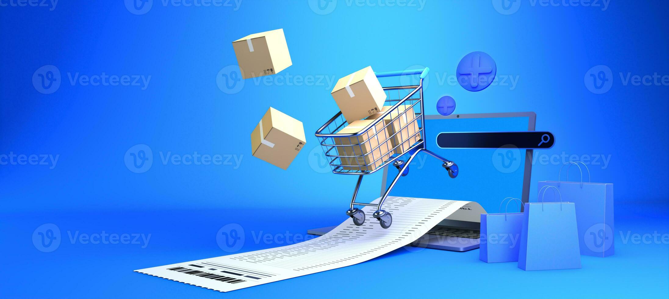 3D rendering cart shopping online on laptop photo