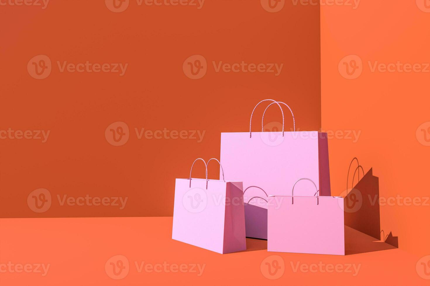 3D rendering pink shopping bag on orange background photo