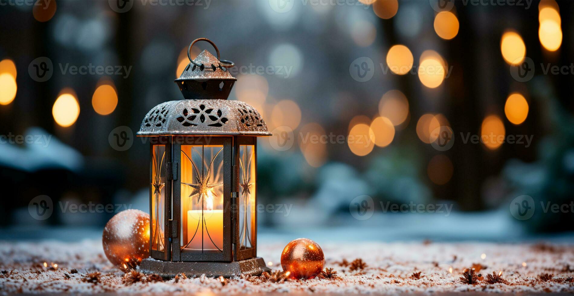Navidad lámpara con ardiente vela en pie en Fresco nieve, borroso bokeh antecedentes - ai generado imagen foto