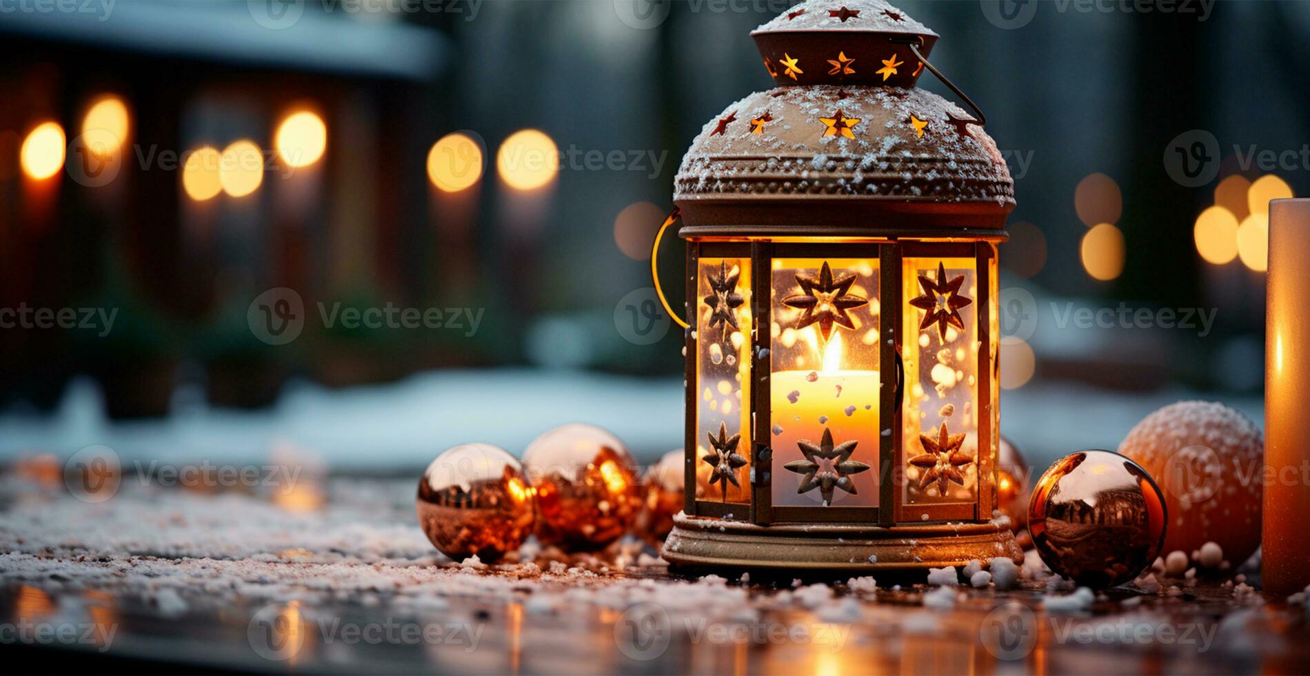 Christmas lamp with burning candle standing on fresh snow, blurred bokeh background - AI generated image photo