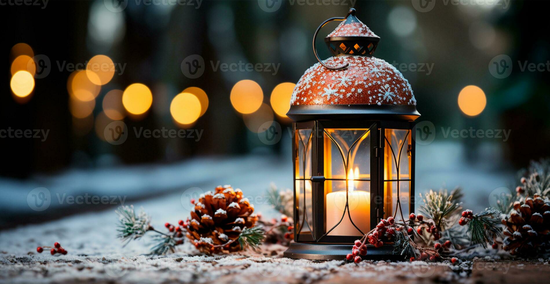 Christmas lamp with burning candle standing on fresh snow, blurred bokeh background - AI generated image photo