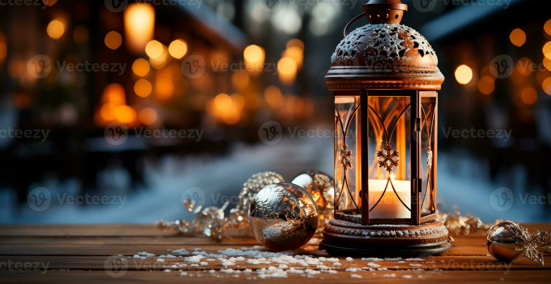 Christmas lamp with burning candle standing on fresh snow, blurred bokeh background - AI generated image photo