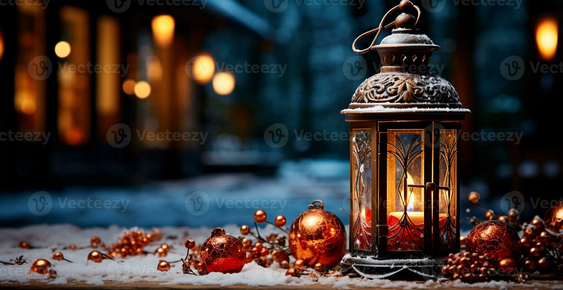 Christmas lamp with burning candle standing on fresh snow, blurred bokeh background - AI generated image photo