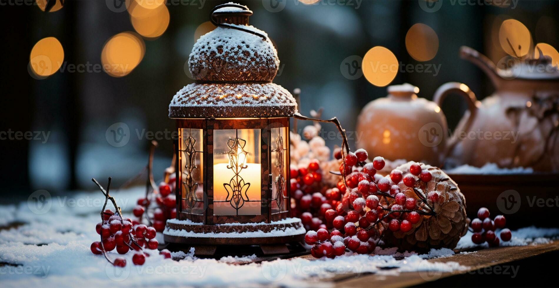 Christmas lamp with burning candle standing on fresh snow, blurred bokeh background - AI generated image photo