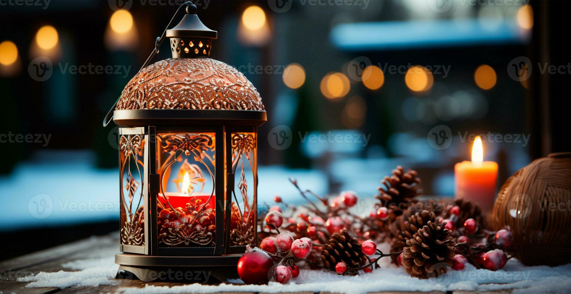 Christmas lamp with burning candle standing on fresh snow, blurred bokeh background - AI generated image photo