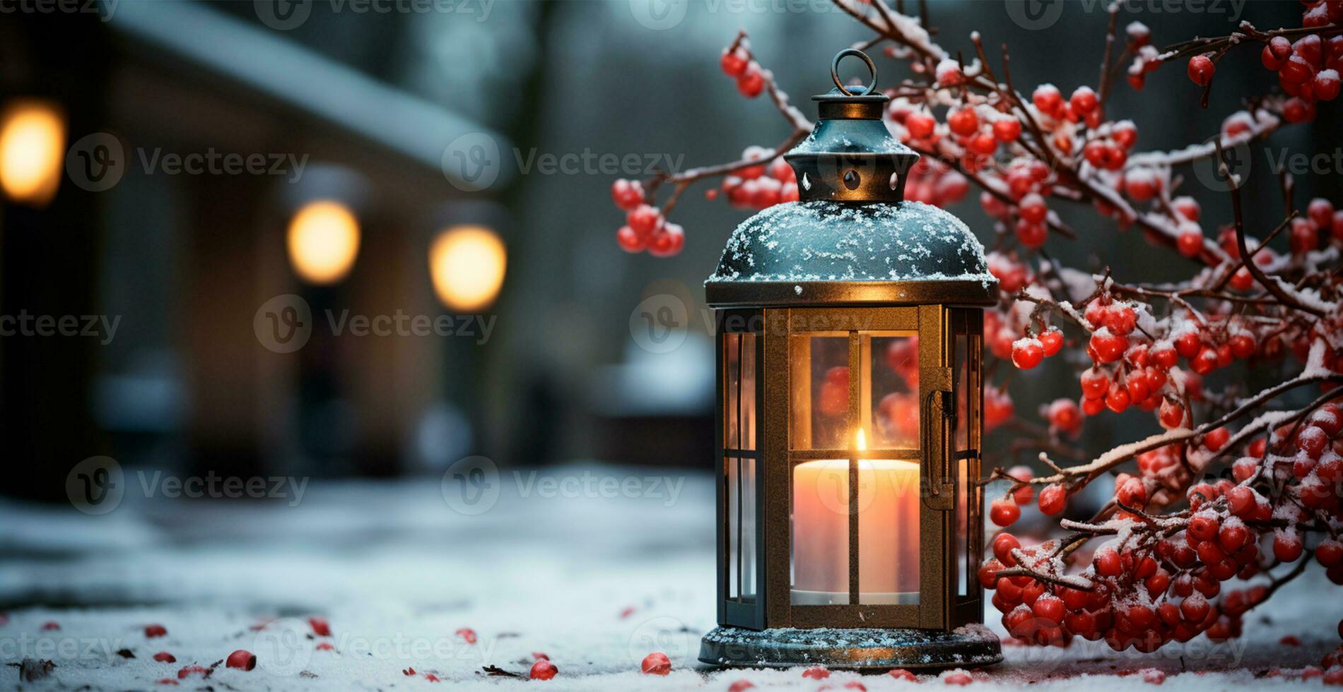 Christmas lamp with burning candle standing on fresh snow, blurred bokeh background - AI generated image photo