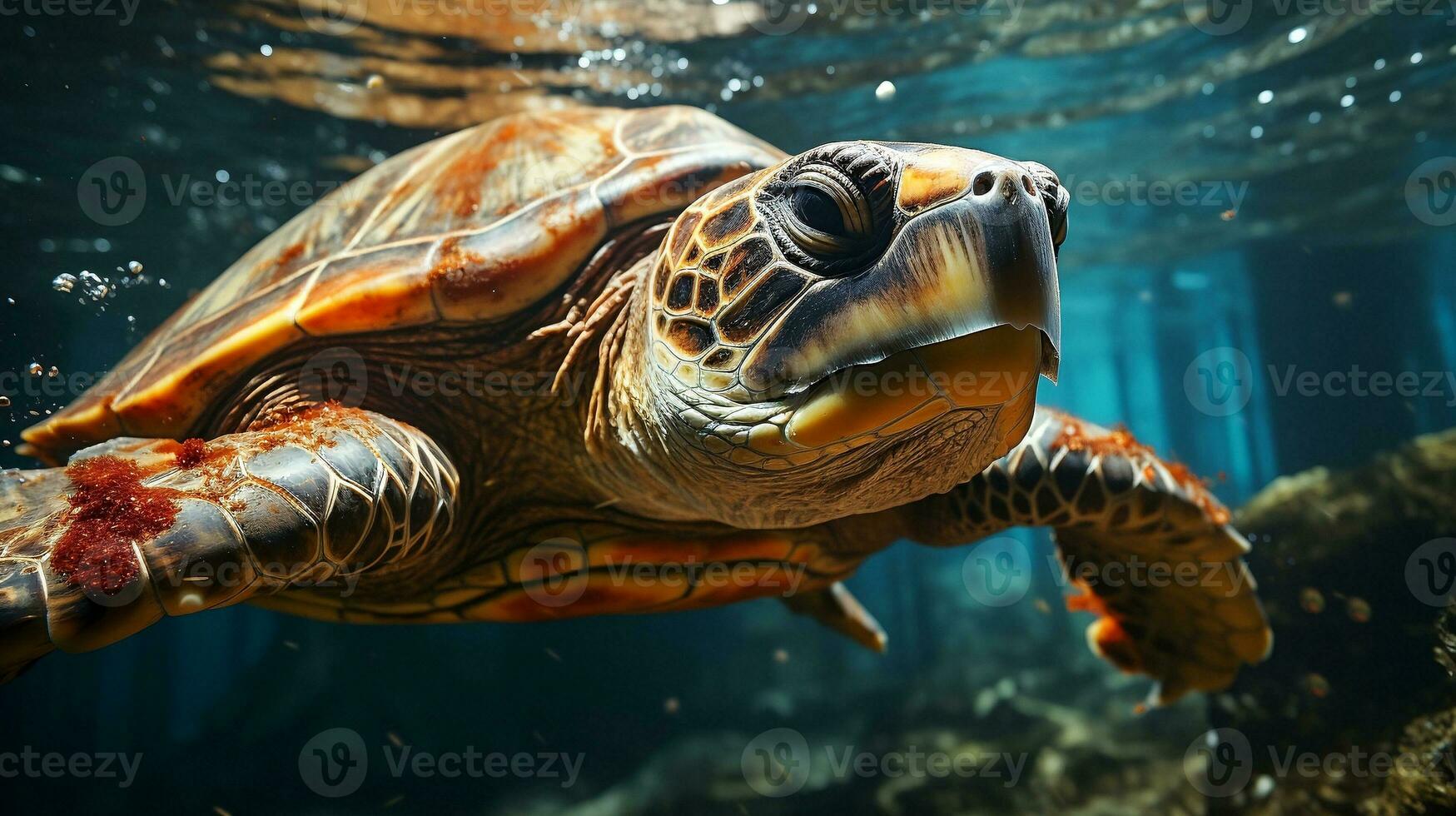 Sea turtle close up over coral reef in Sabah Malaysia. Conservation and marine life concept photo