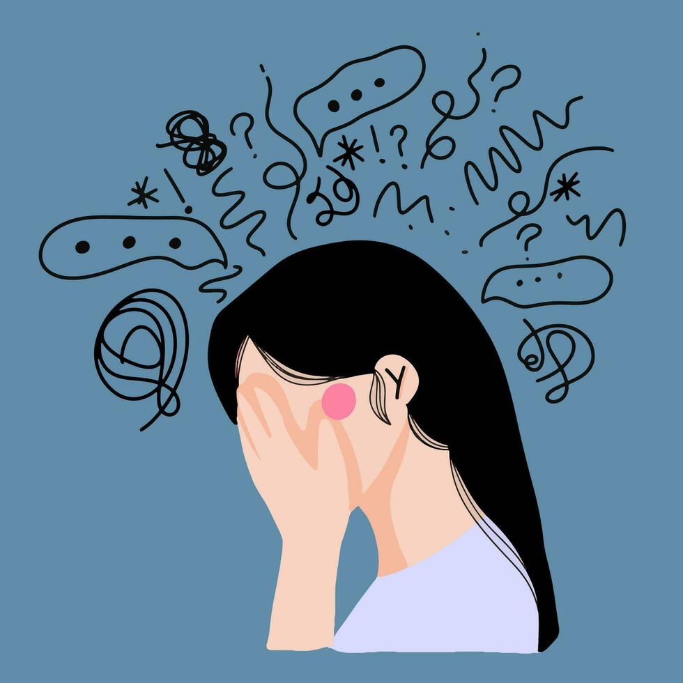 A woman covers her face with her hands and cries. vector