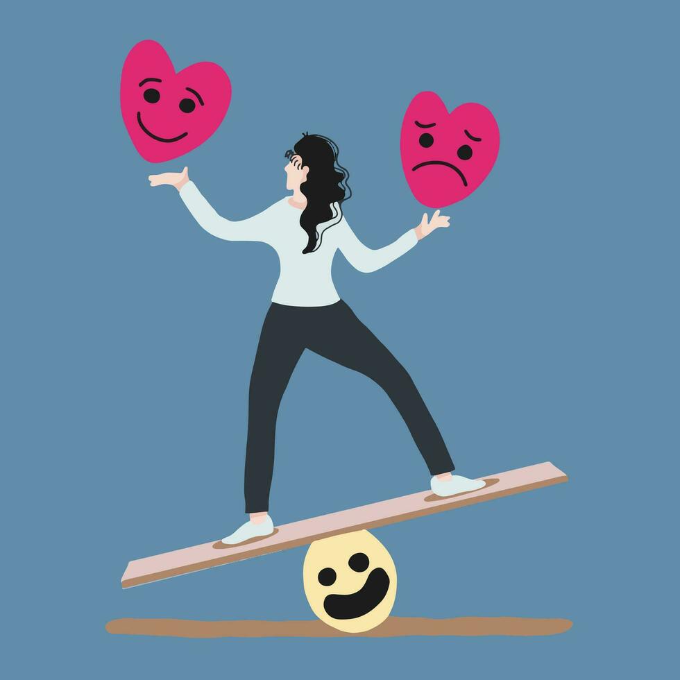 Woman holding two hearts, a sad face and a smiling face vector