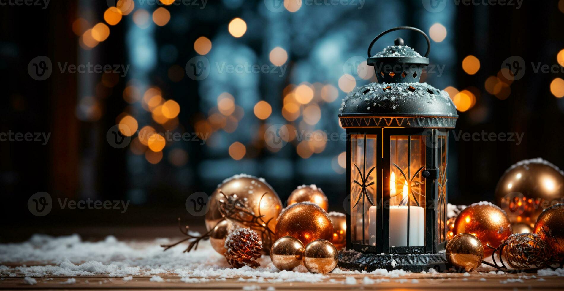 Christmas lamp with burning candle standing on fresh snow, blurred bokeh background - AI generated image photo