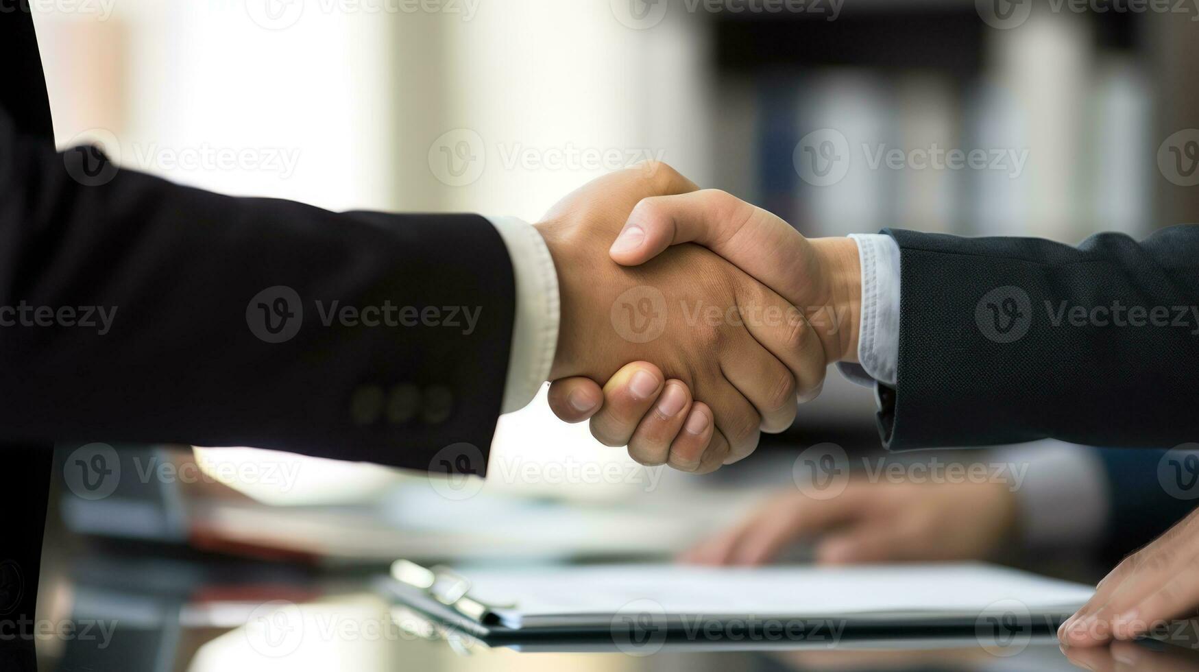 durante un exitoso reunión, asociados intercambiado firma apretones de manos, simbolizando el fuerza de colaboración y unidad. foto