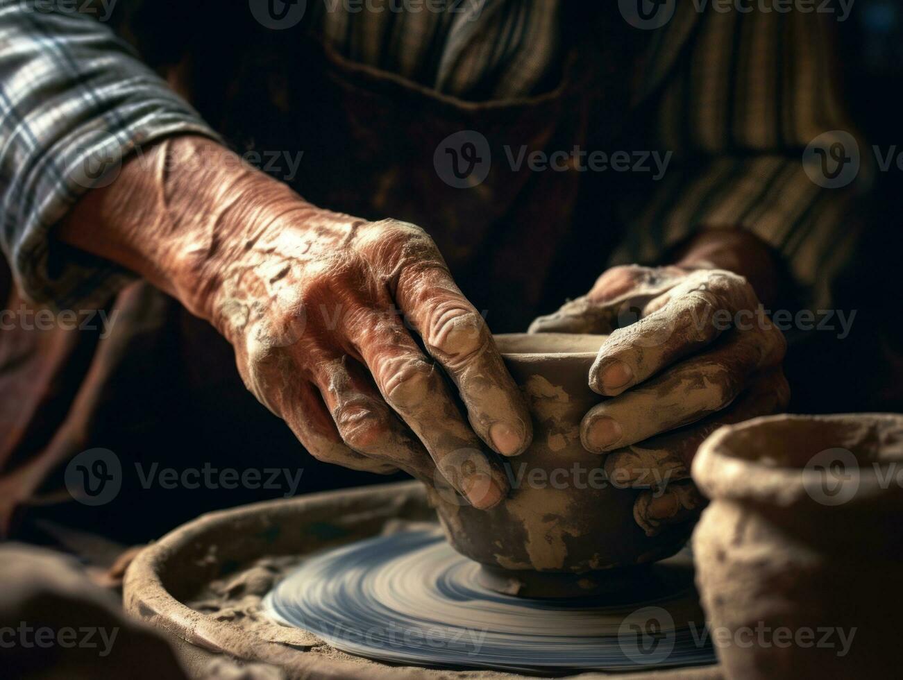 A skilled artisan is meticulously molding clay on a pottery wheel with exceptional expertise. photo