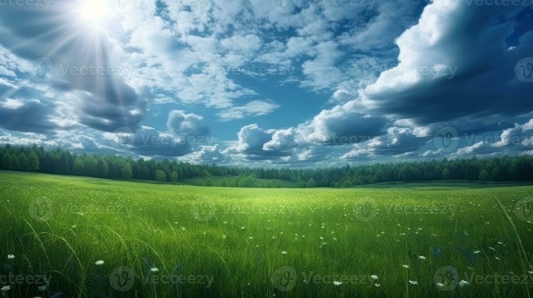 A scenic green grass field on hills under a clear blue sky. Filled with various grasses, it's used for pasturage and rural scenery. photo