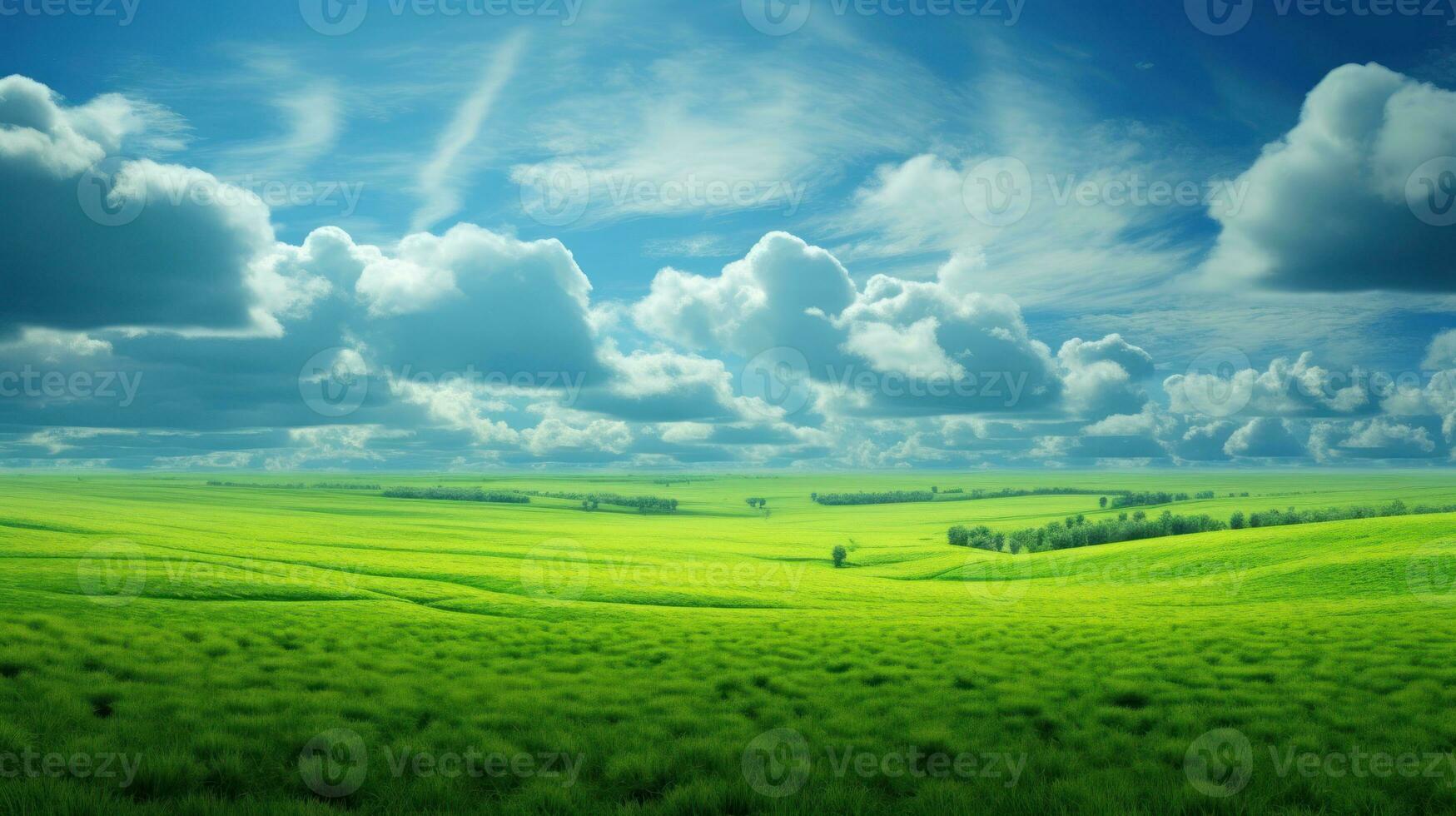 A scenic green grass field on hills under a clear blue sky. Filled with various grasses, it's used for pasturage and rural scenery. photo
