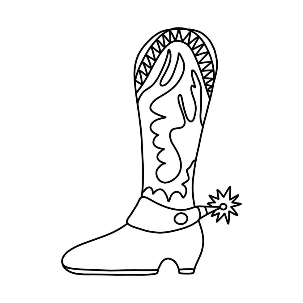 mano dibujado garabatear con contorno de retro vaquero botas con tradicional modelo y estrella estimular. vector decorado vaquera y vaquero botas en occidental estilo. sencillo Zapatos de salvaje Oeste con ornamento