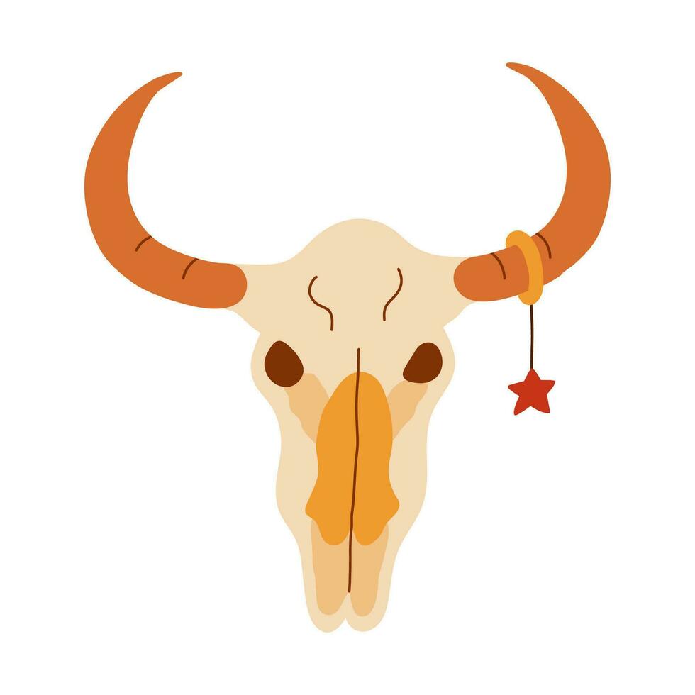 Simple clipart of bull skull with star earring on the horn. Hand drawn portrait of cow scull head skeleton in front view. Sign of cowboy, western culture, cowgirl, native American and Texas vector