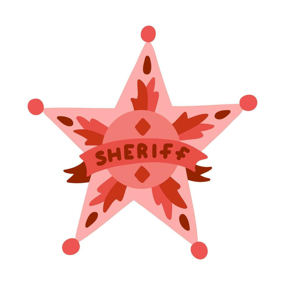 Hand drawn sheriff badge in the star shape in cartoon cute style. Cowgirl emblem of western police, sign of law, security and justice. Wild West and cowboy symbol with ribbons isolated on background. vector