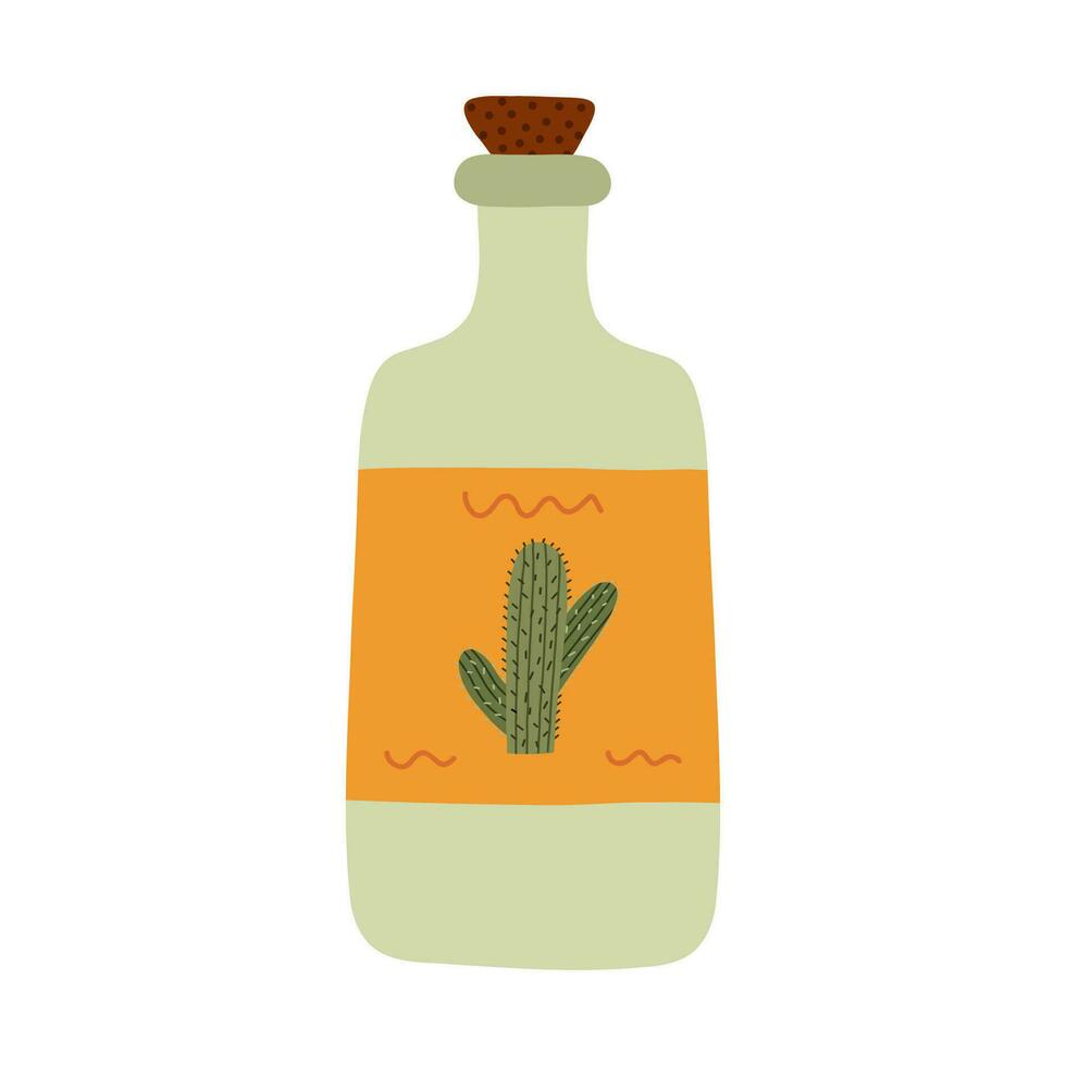 sencillo mano dibujado garabatear de tequila botella con cactus etiqueta. tradicional mexicano alcohol bebida icono en vistoso dibujos animados estilo. fiesta bebidas y espíritu clipart aislado en blanco antecedentes. vector