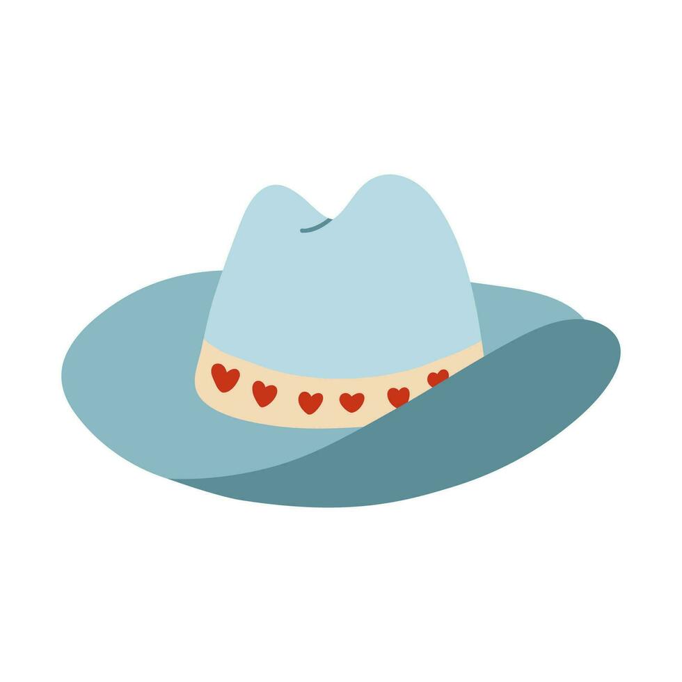 Cute hand drawn cowgirl hat. Sheriff girl hat with hearts in cowboy and cowgirl western theme. Simple colorful doodle for horse ranch and wild west style. Vector clipart isolated on background.