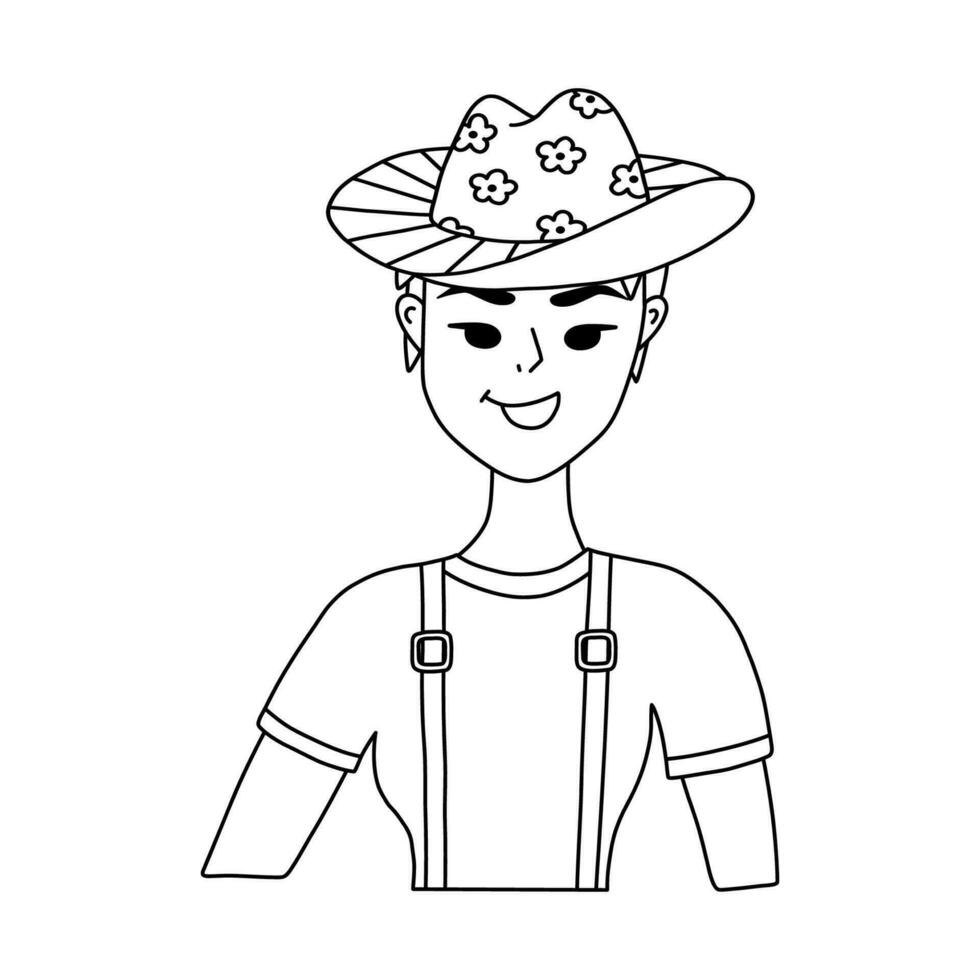 Hand drawn stylish young cowgirl wearing hat with sunflower pattern, t-shirt, retro suspenders. Cute doodle portrait of cow girl of Wild west theme. Vector western female character for print design.