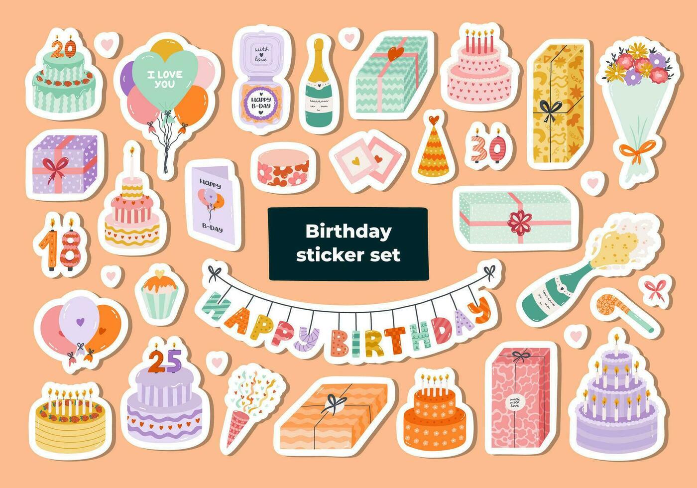 Big set of stickers with hand drawn birthday clipart for planners, notebooks. Ready for print list of cute stickers. Trendy holiday elements, party decoration, cake, candle, gift, balloon, party hat. vector