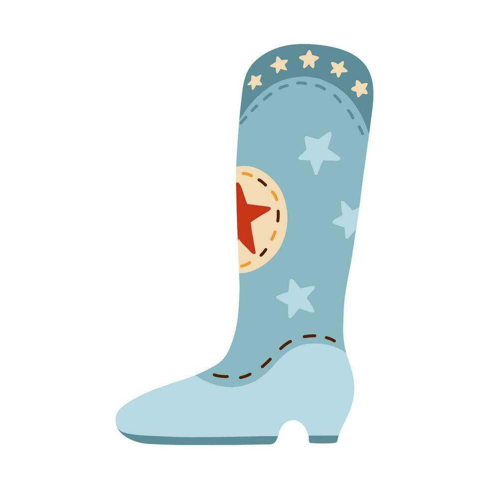 Retro cowboy boots with stars pattern. Vector decorated cowgirl boots in western style. Simple sheriff shoes of Wild West with ornament for postcard, t-shirt print, cowboy party design, sticker.