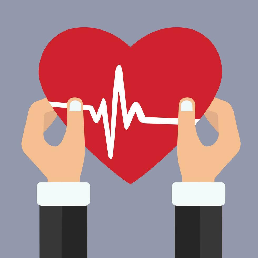 dos manos y diseño conceptual de corazón rojo. Ilustración de vector de servicio de atención médica.