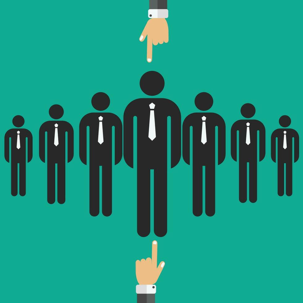 Choosing the best candidate for the job concept. Hand picking up a businessman from the row. Green background. Flat vector design