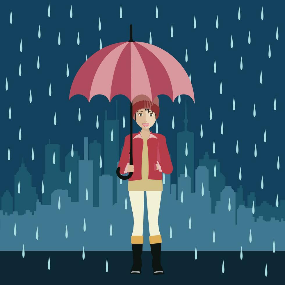 Girl with umbrella under the rain. Big city silhouette on the background. Flat vector illustration of Autumn.