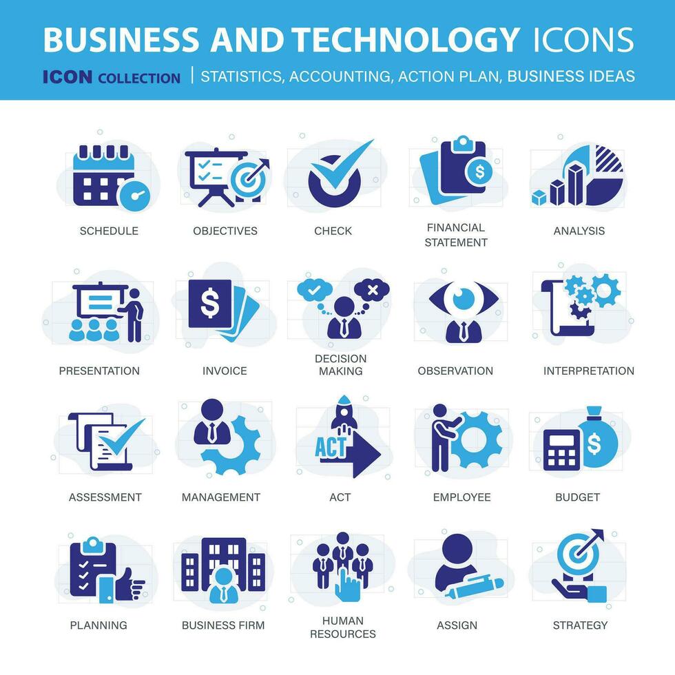 negocio, datos análisis, organización administración y tecnología icono colocar. trabajo en equipo, estrategia, planificación, marketing, nube tecnología, datos análisis, empleado icono colocar. íconos vector colección